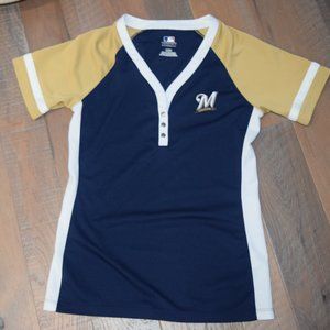 Y2K Genuine Merchandise MLB Milwaukee Brewers V-Neck Jersey Shirt Top Tee G81